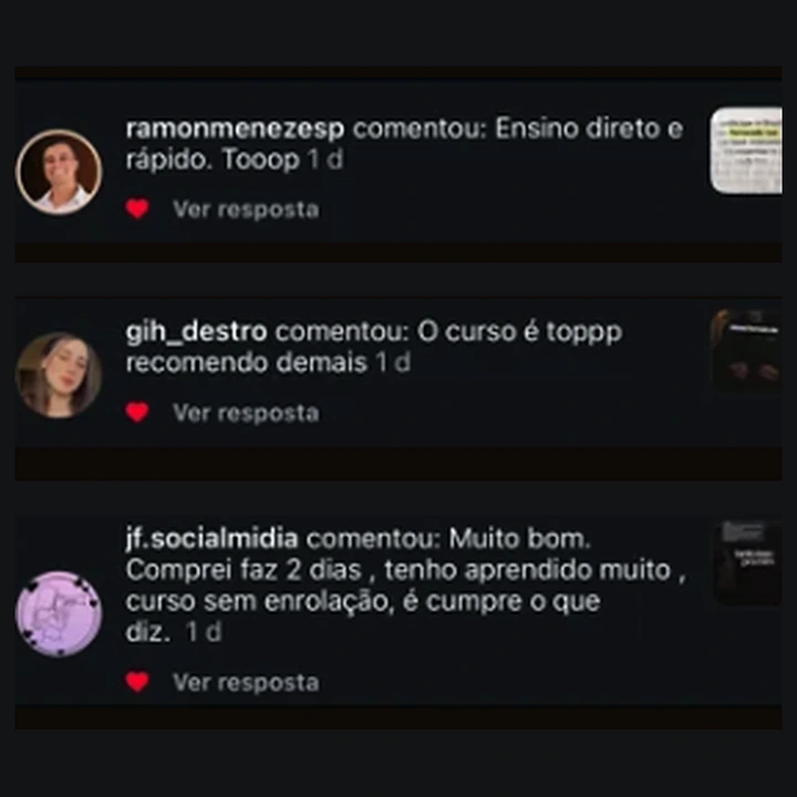 Comentário de aluno no Instagram