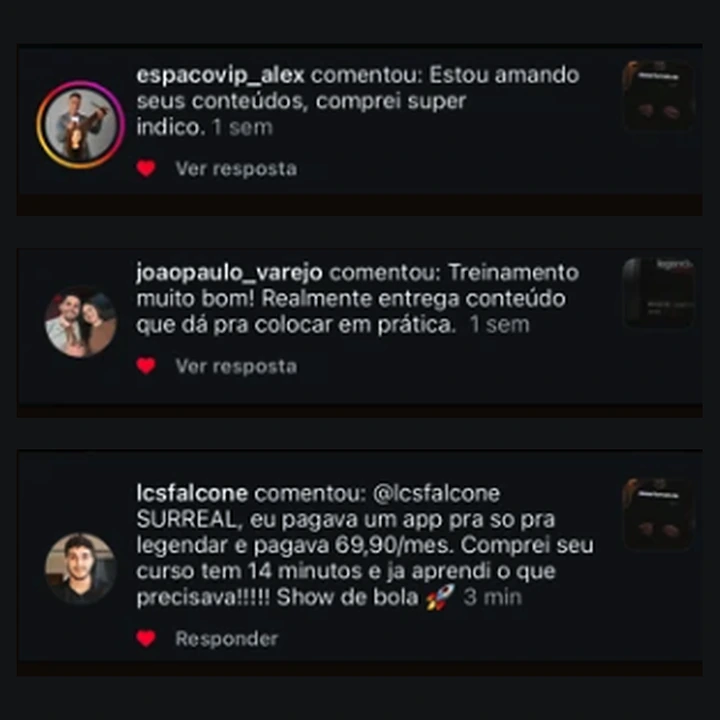 Comentário de aluno no Instagram