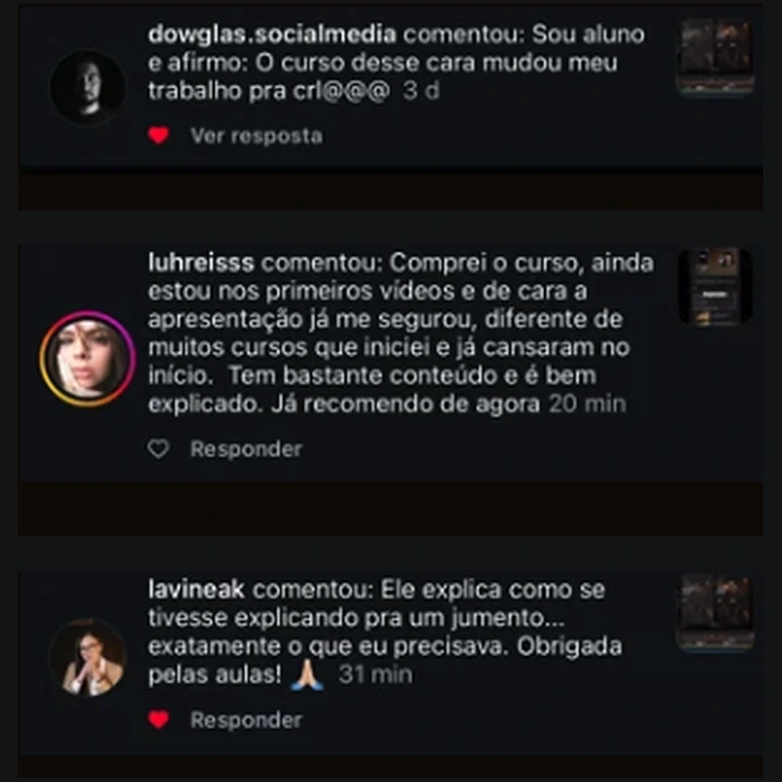 Comentário de aluno no Instagram
