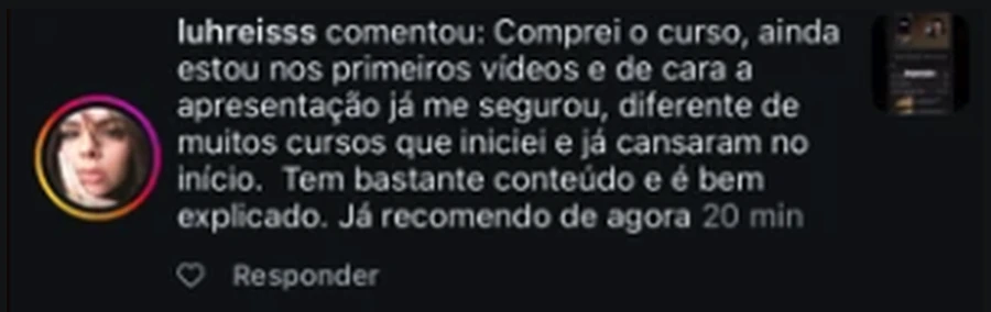 Comentário da aluna @luhreisss no Instagram